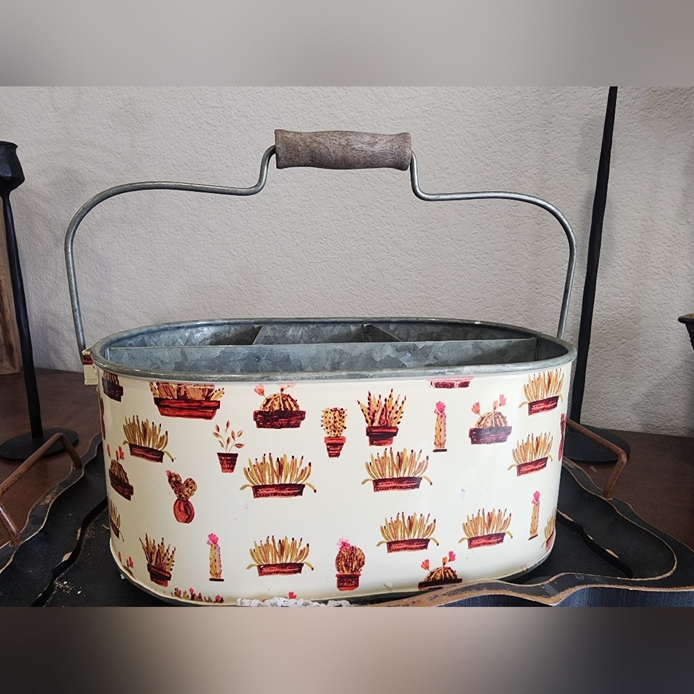Floral And Cacti Cactus Metal Utensil Holder with Wooden Handle